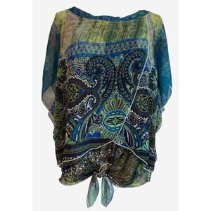 Energe World Wear Top Womens Size XL Boho Paisley Sheer Layered Front Tie Hippie